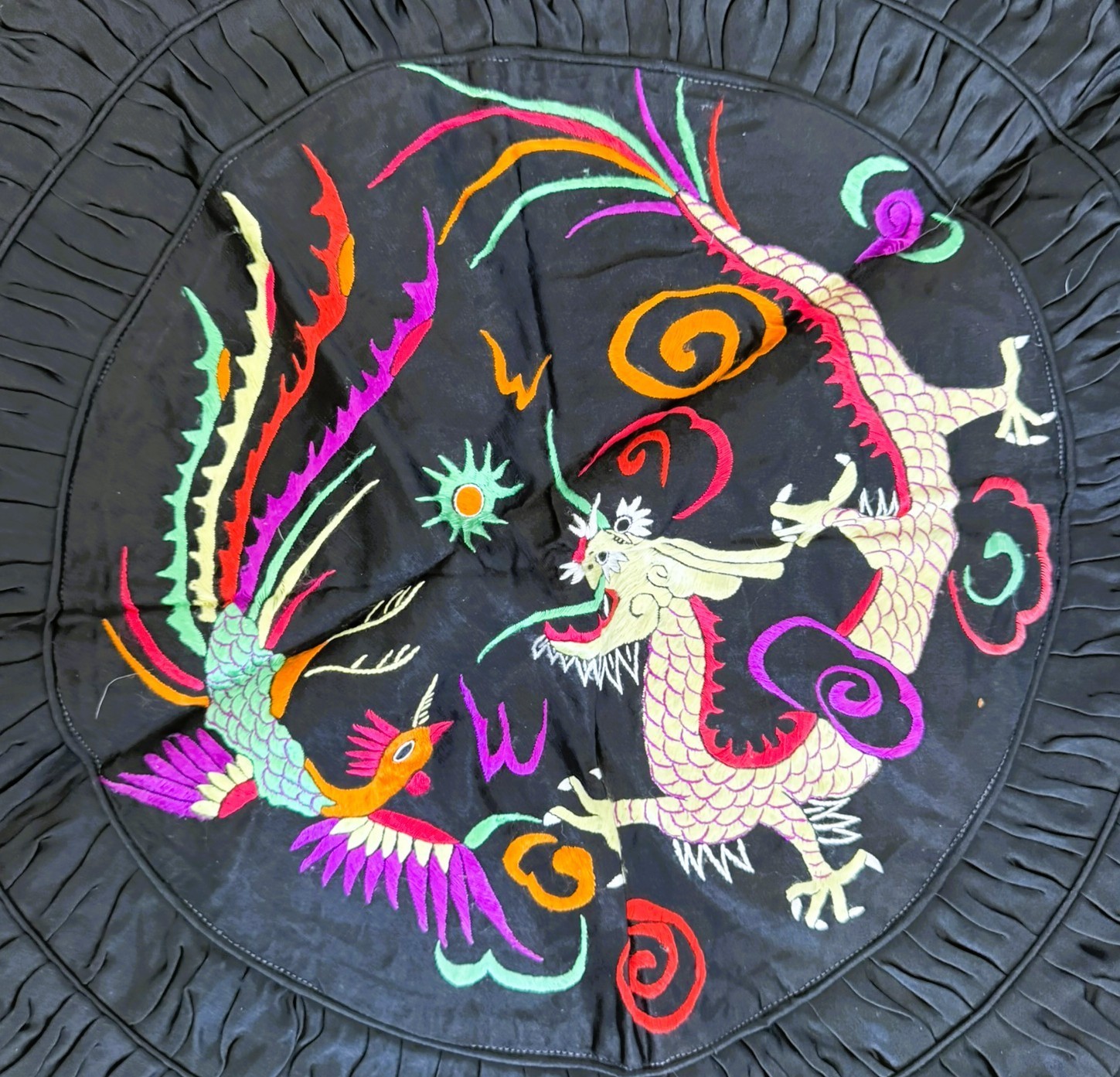 1980s Vintage Chinese Silk Pillow Black with Embroidered Phoenix and Dragon 21″