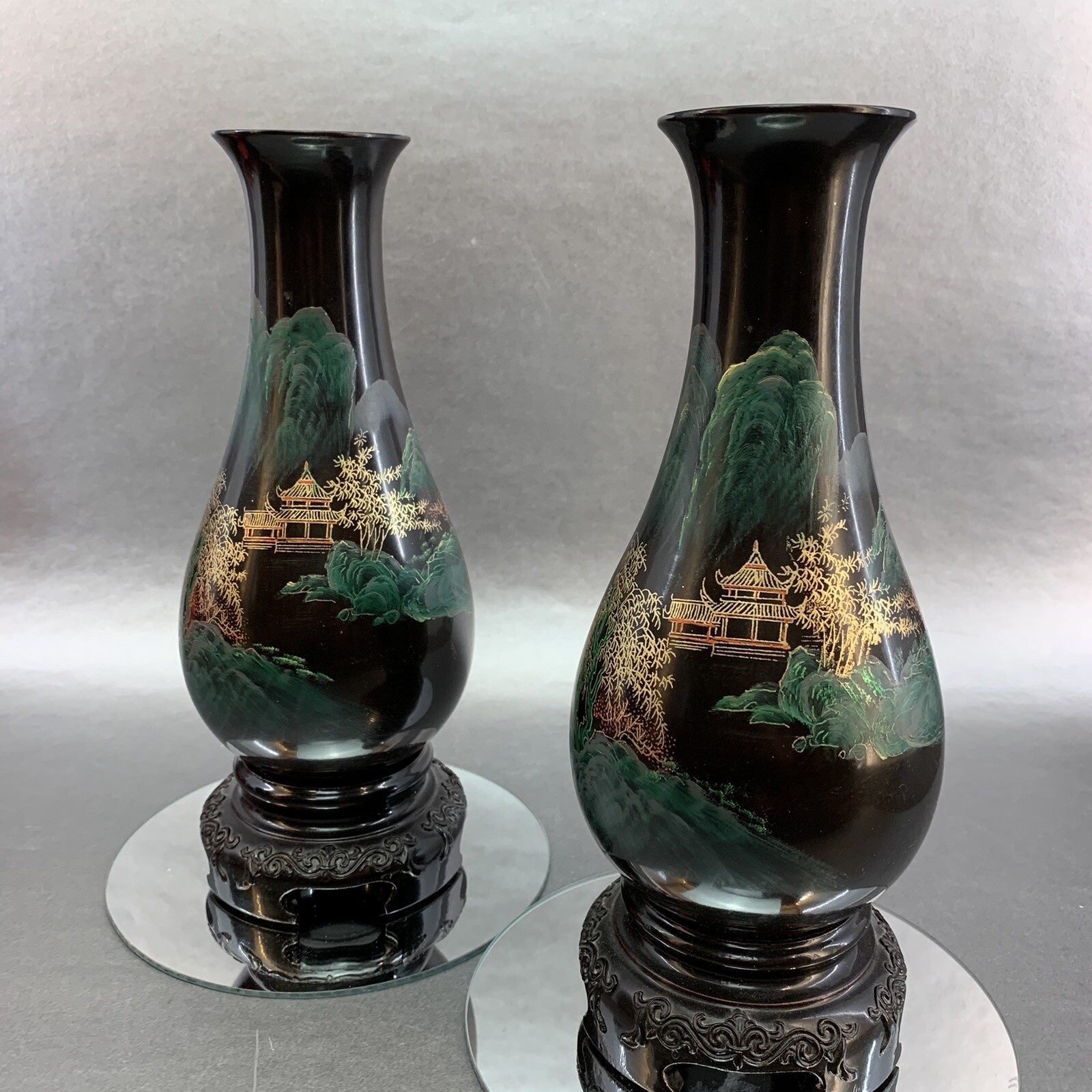 ONE Chinese Hand Painted Fuzhou Foochow Black Lacquerware 9” Vase Lacquer Asian