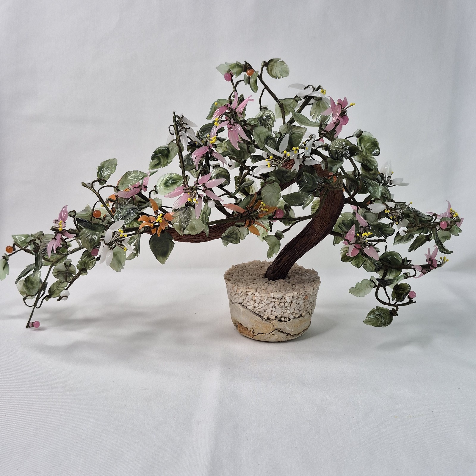 Vintage Chinese Jade Quartz Stone Glass Flower Bonsai Tree 12″ x 16″ No Pot