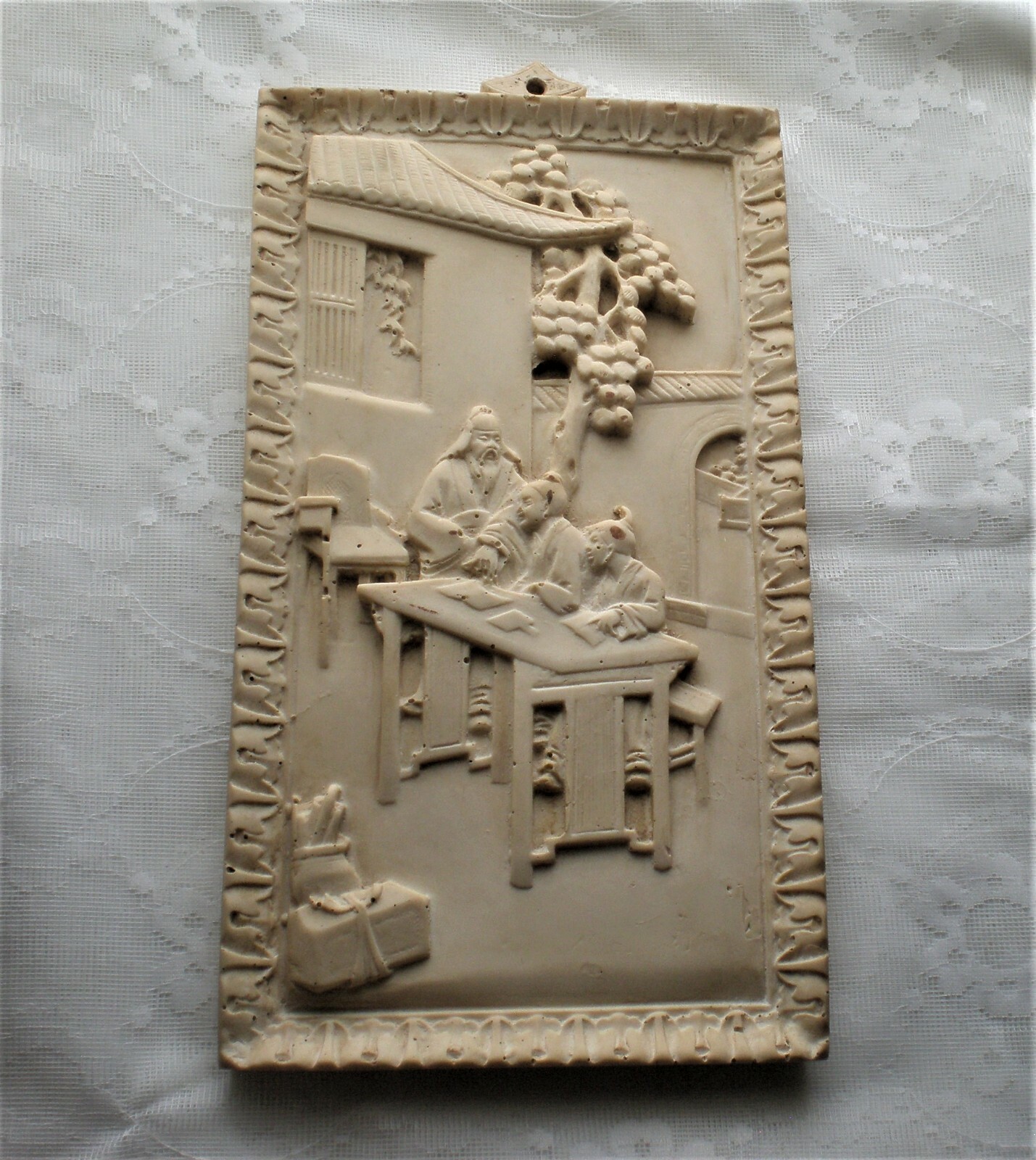 Vintage Oriental Asian Chinese Soapstone Bas Relief Wall Hanging Decor Plaque
