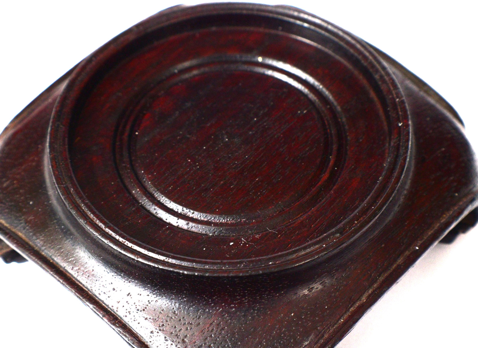 Vintage Chinese Round Brown Wood Stand w/Square Scroll base 2 1/2″ diam top S30