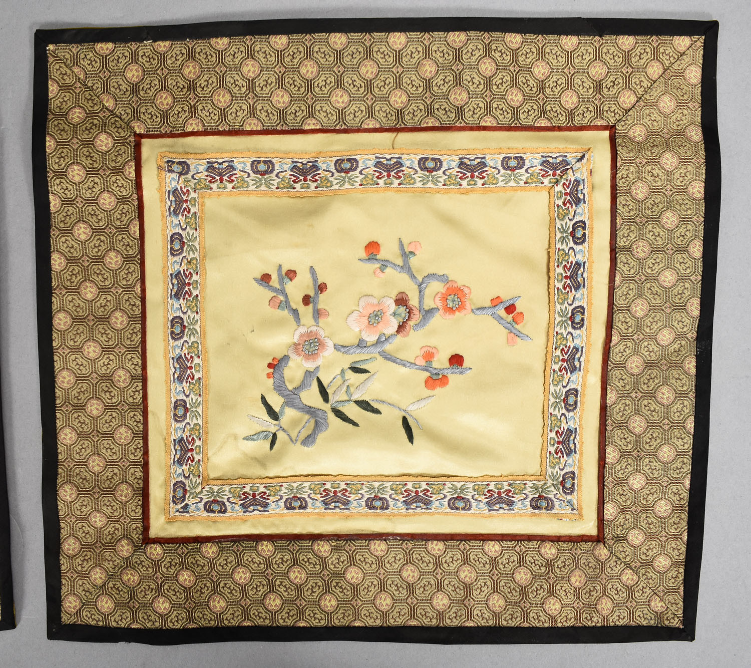 2 Old Chinese Floral Embroidered Silk Pieces w Brocade Borders 17×10 &10×11