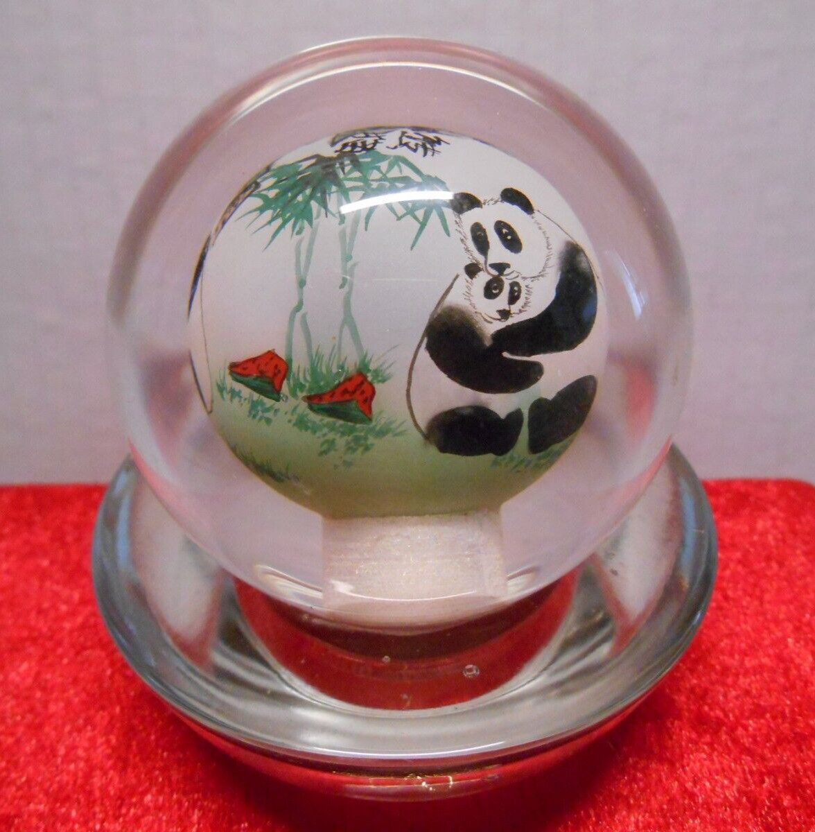 Chinese reverse painted Glass Ball Sphere Orb PANDA BEAR paperweight w/Stand