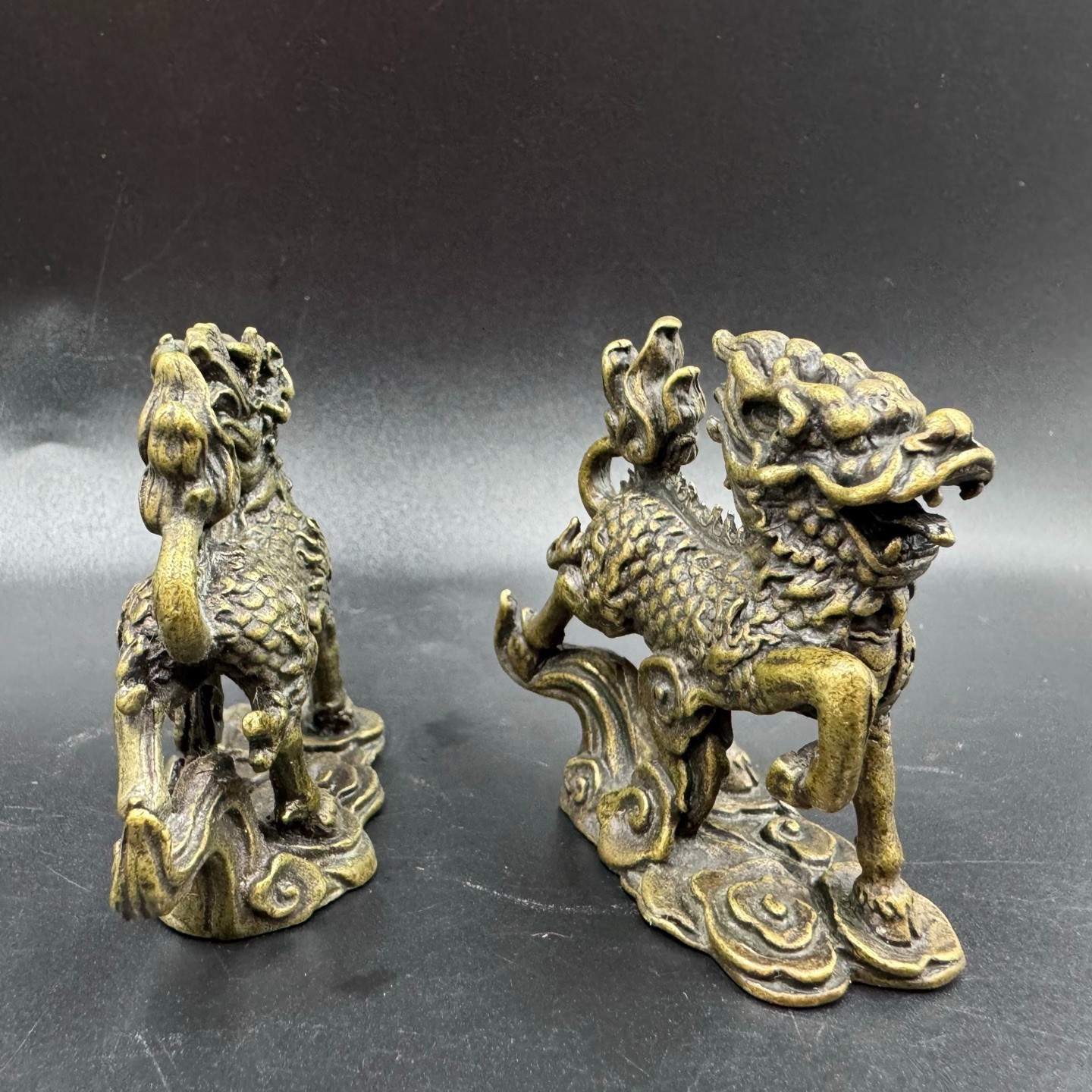 Vintage Brass Qilin Kirin Mini Statues Feng Shui Wealth Protection Desk Ornament