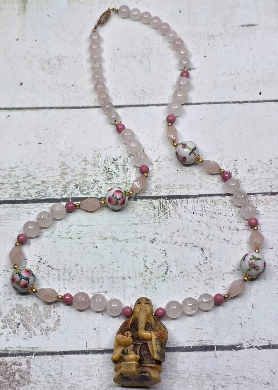 Vintage Chinese Hand-Painted Porcelain Beaded Necklace -Wise Man Shou Xing
