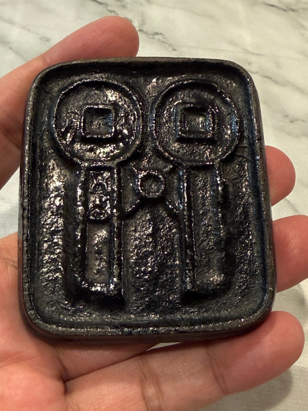 Vintage Chinese Small Cast Iron Dish Ashtray with Raised Characters & Symbol