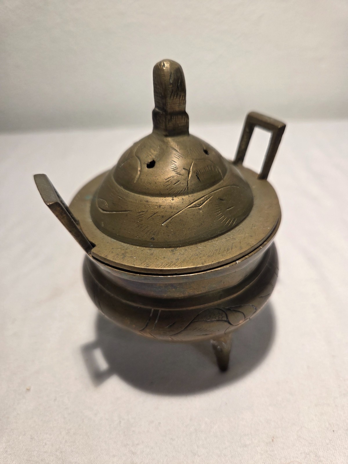 Vintage Marked & etched Chinese Brass Tri-Footed Incense Burner Holder