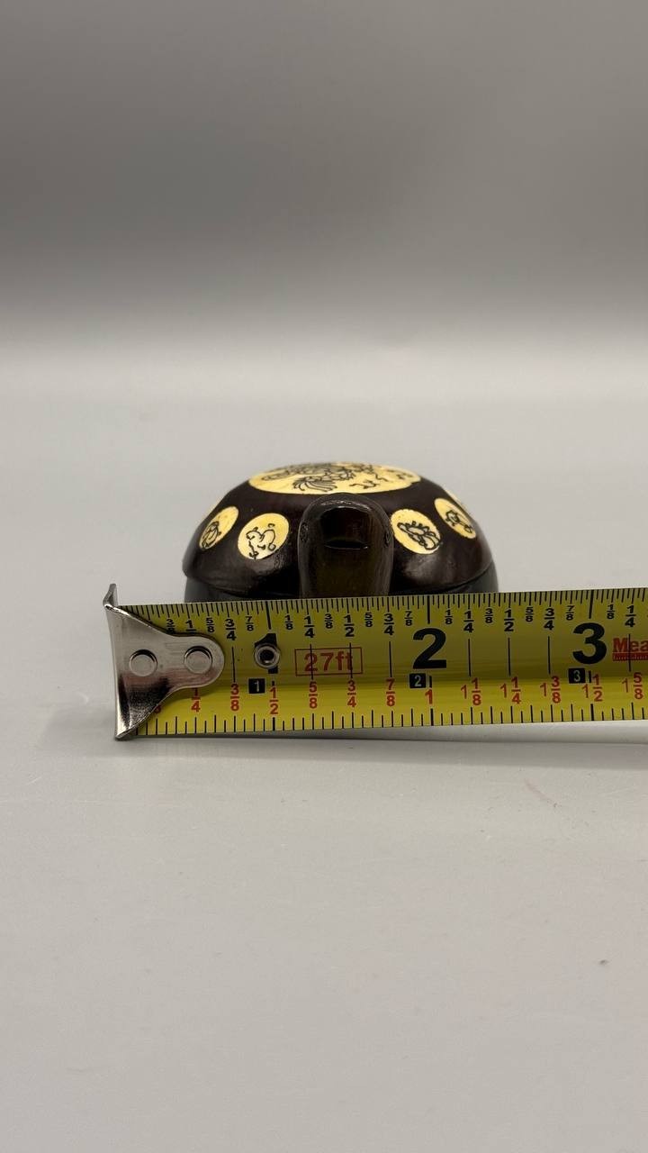 Vintage Carved Wood Turtle with Chinese Zodiac Compass – Functional Inlay