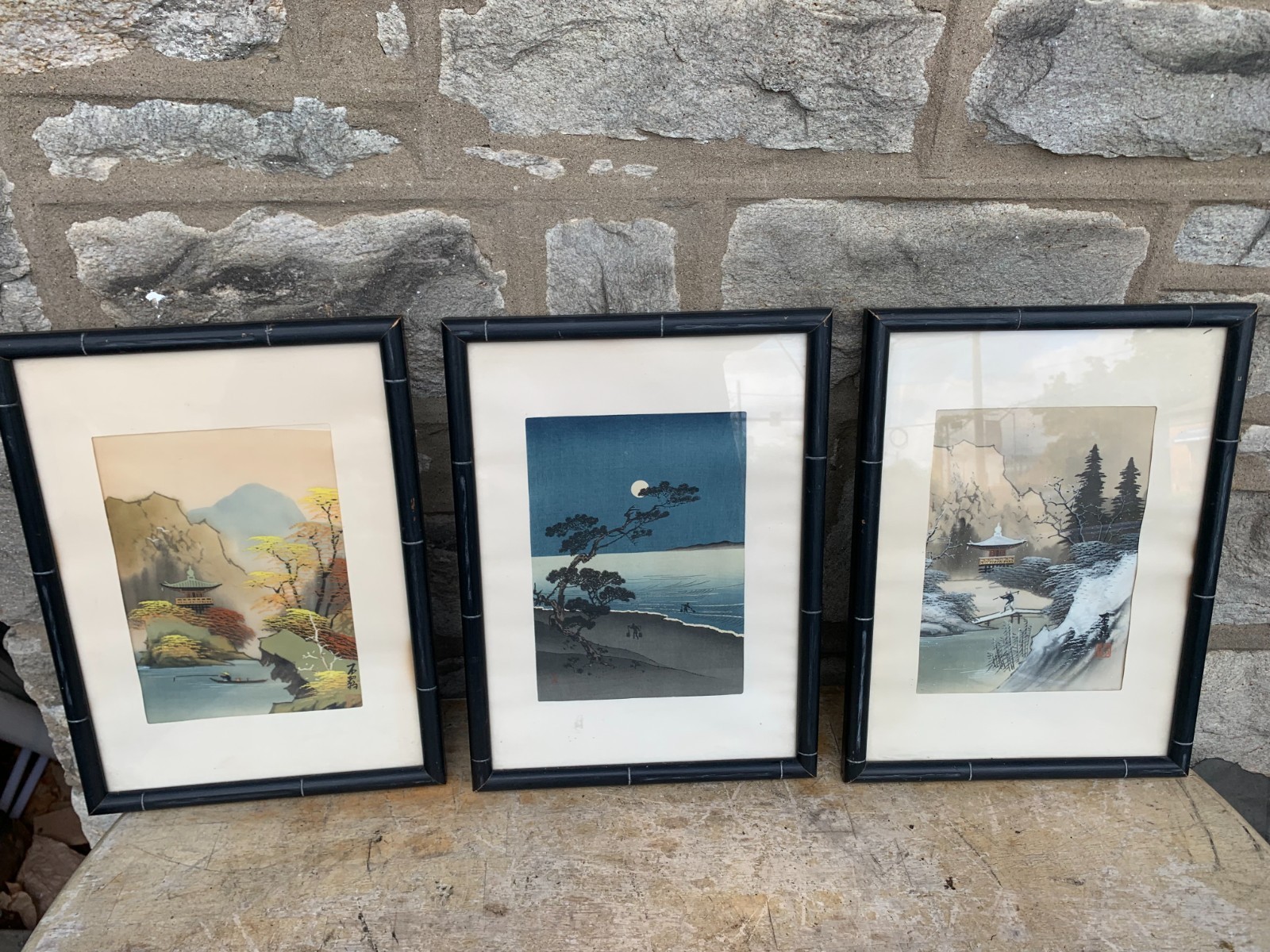Arai Yoshimune +2 VTG Oriental Japanese Wood Block Paintings Framed Art 12×16″