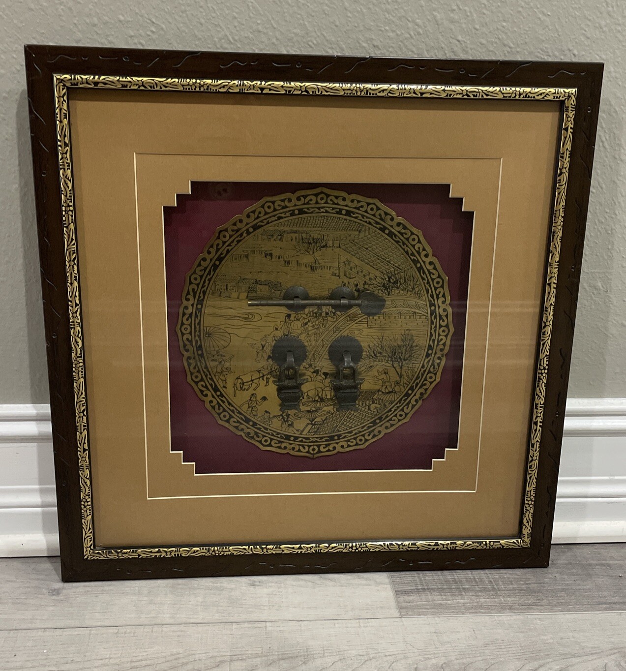 Chinese Shadow Box Oriental Asian Framed Wall Hanging Gold Metal Black Iron