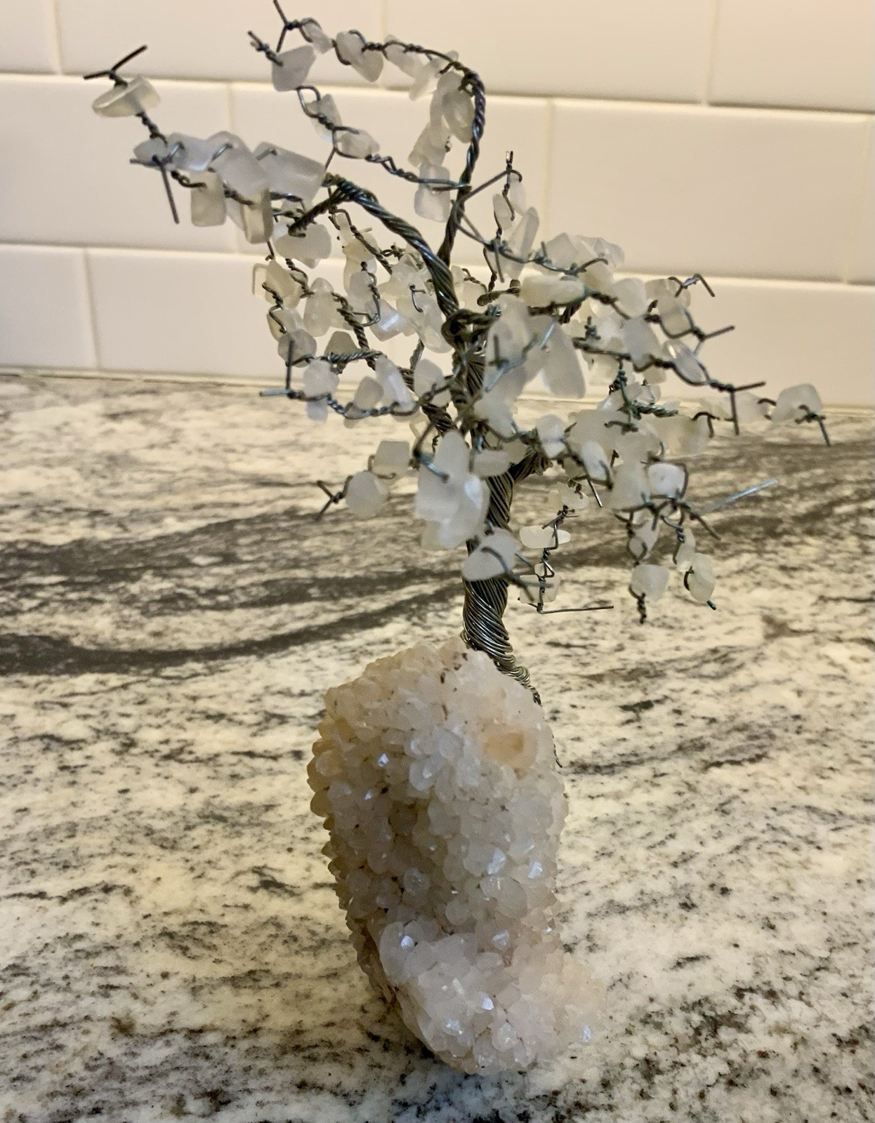 7″ WHITE QUARTZ BONSAI TREE VINTAGE WIRE WRAP ARTWORK PROSPERITY ASIAN FOLKLORE