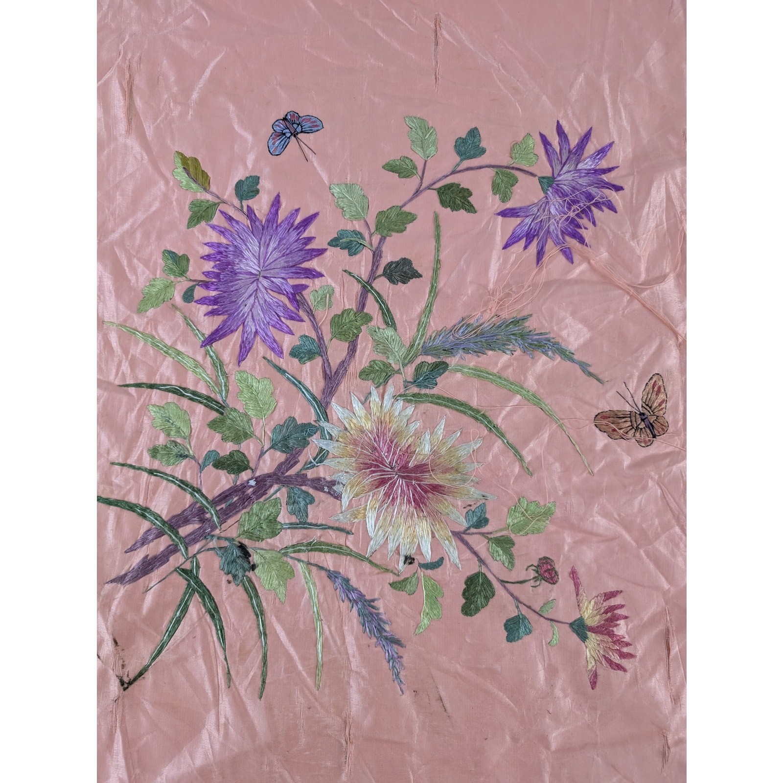 Vintage Chinese Hand Embroidered Floral & Butterfly Silk Textile 23x18in