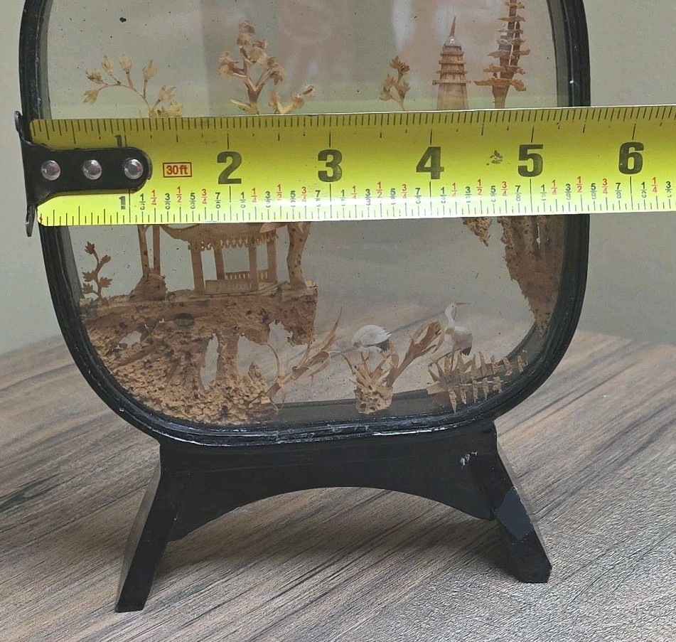 Vintage Chinese Cork Hand Carved Diorama In Glass & Black Laquered Wood Case
