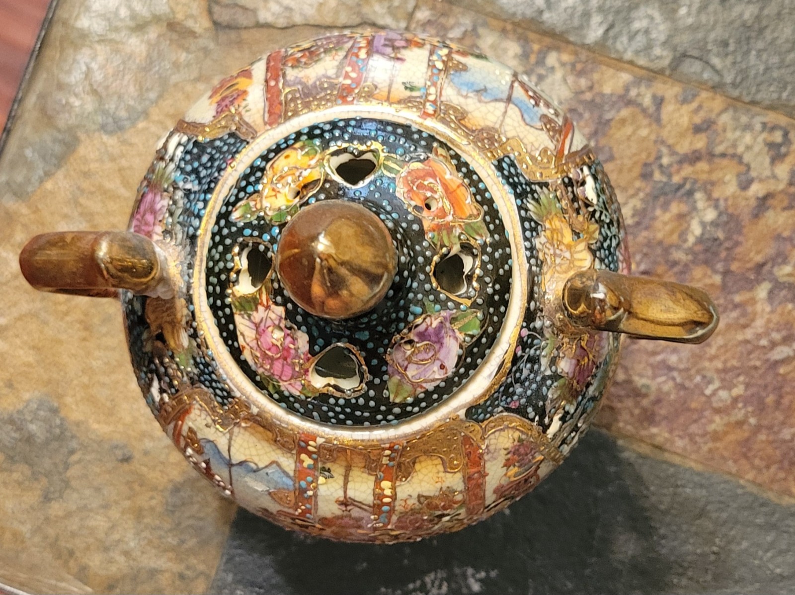 Vintage Satsuma China Incense Burner Porcelain Bowl 3 Footed W/Lid