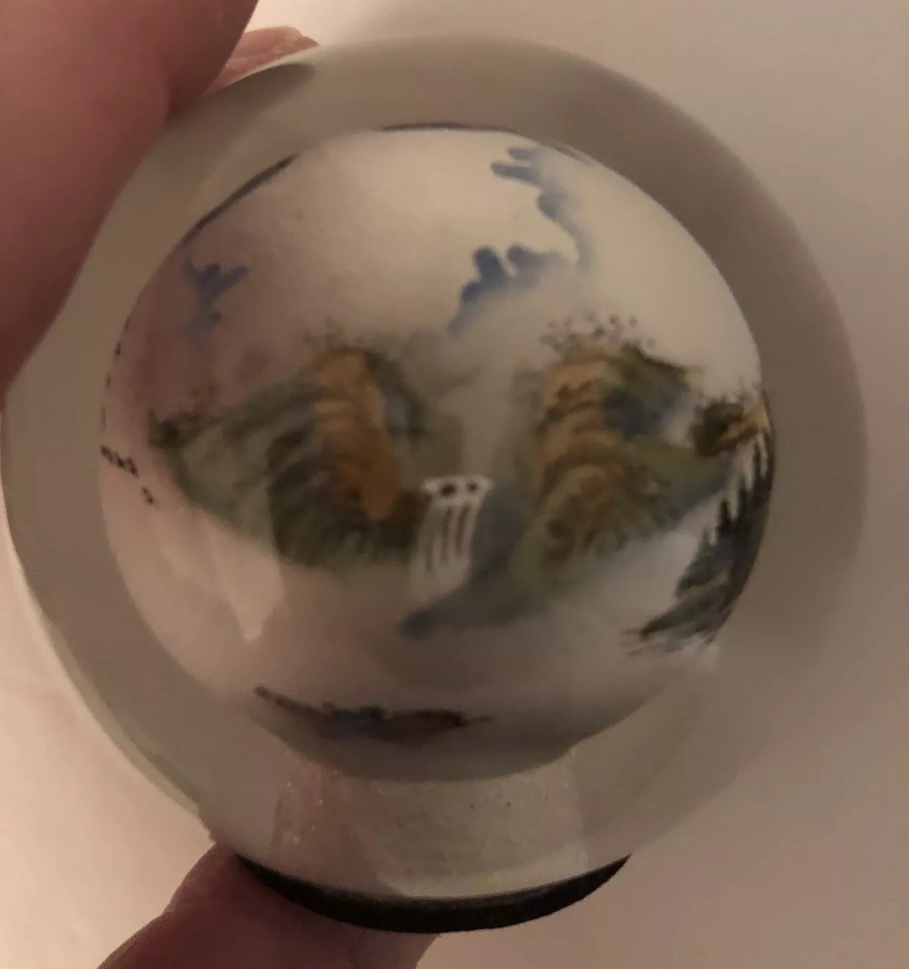 VTG Reverse Painted Glass Ball Sphere Paperweight Oriental Mountain Scene 2”x2”