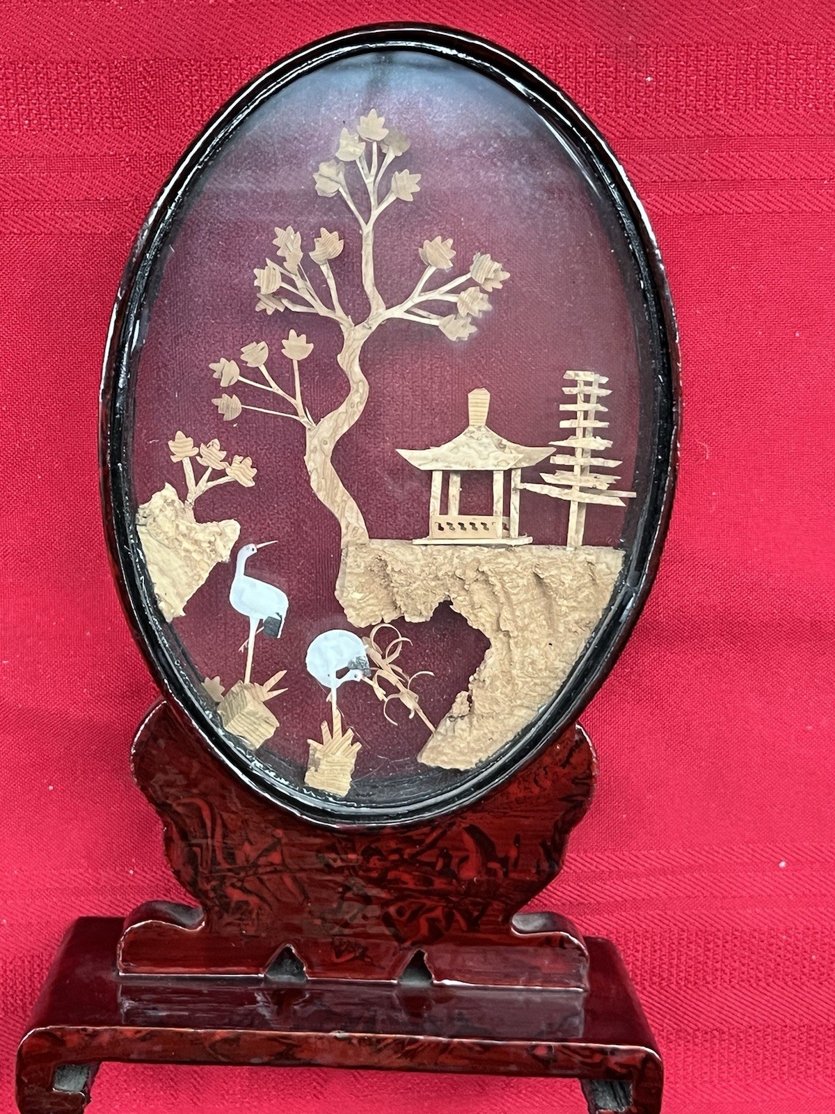 8” CHINESE 3D CARVED CORK ART DIORAMA OVAL GLASS SHOWCASE CRANES PAGODA TREES