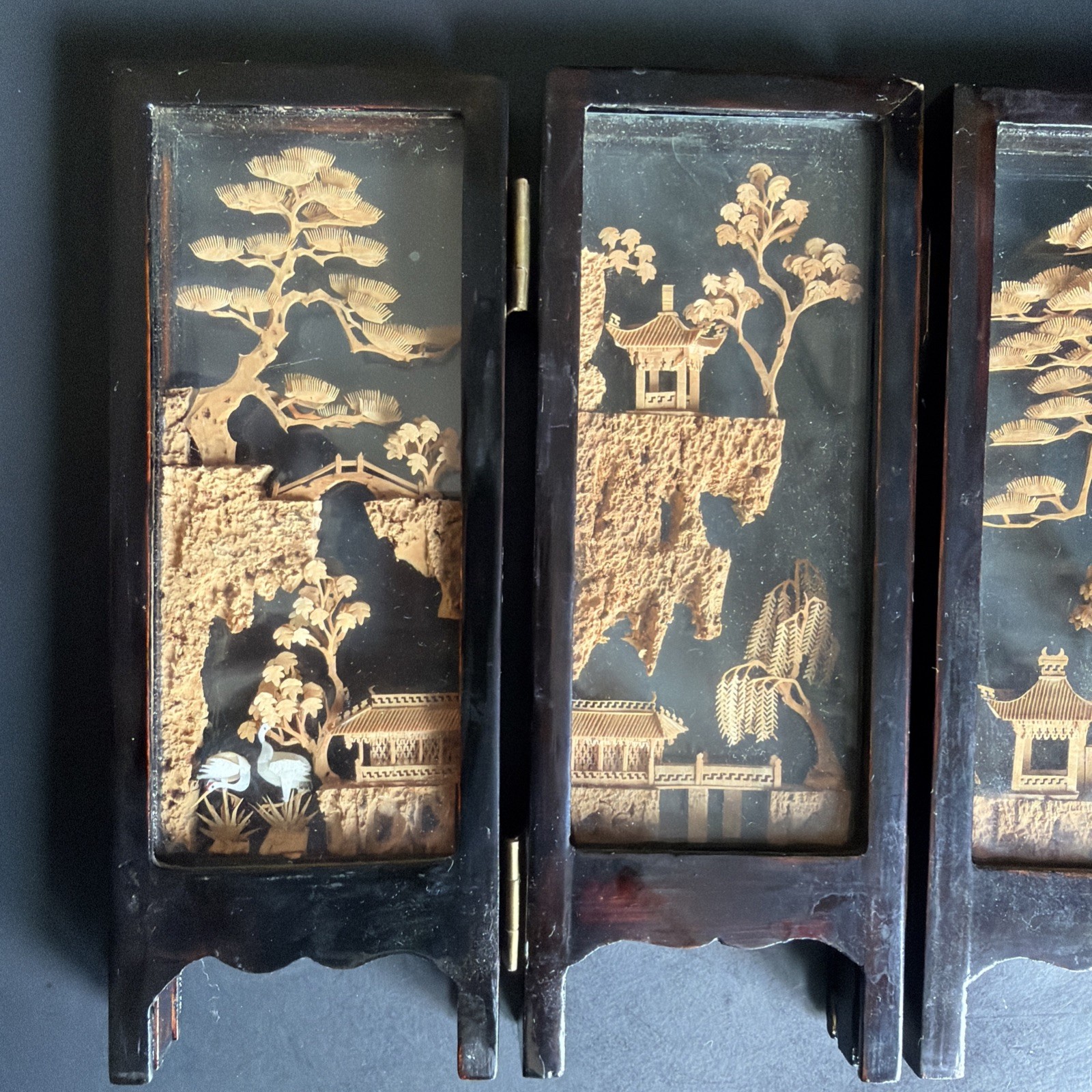 Vtg Chinese Cork Art Screen Folding 4 Panel Glass Pagoda Cranes Black Lacquer