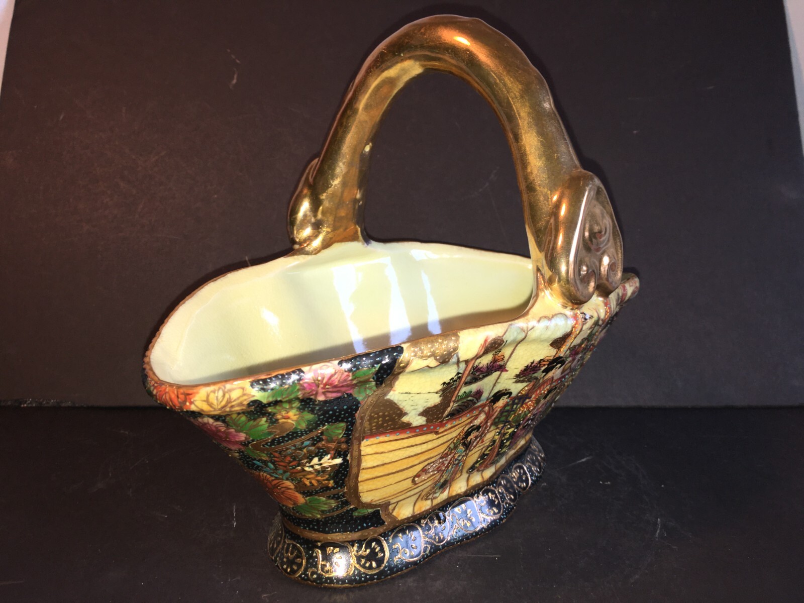 Vintage Gilt Satsuma Porcelain Basket w/Intricate Geisha Group Painting 10″ long