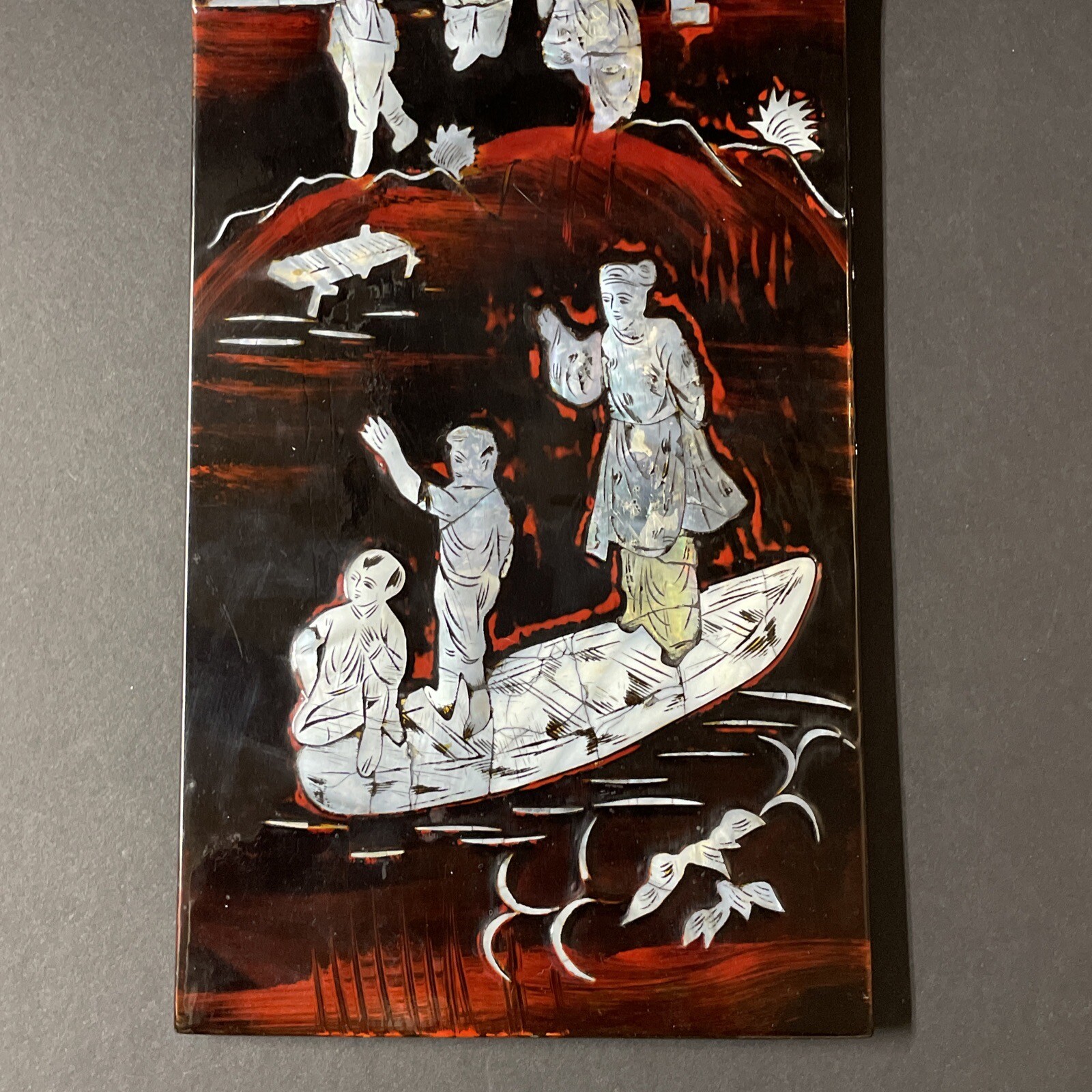 Vintage 1980s China Mother-Of-Pearl Lacquered On Solid Wood Figural Wall Art 15″