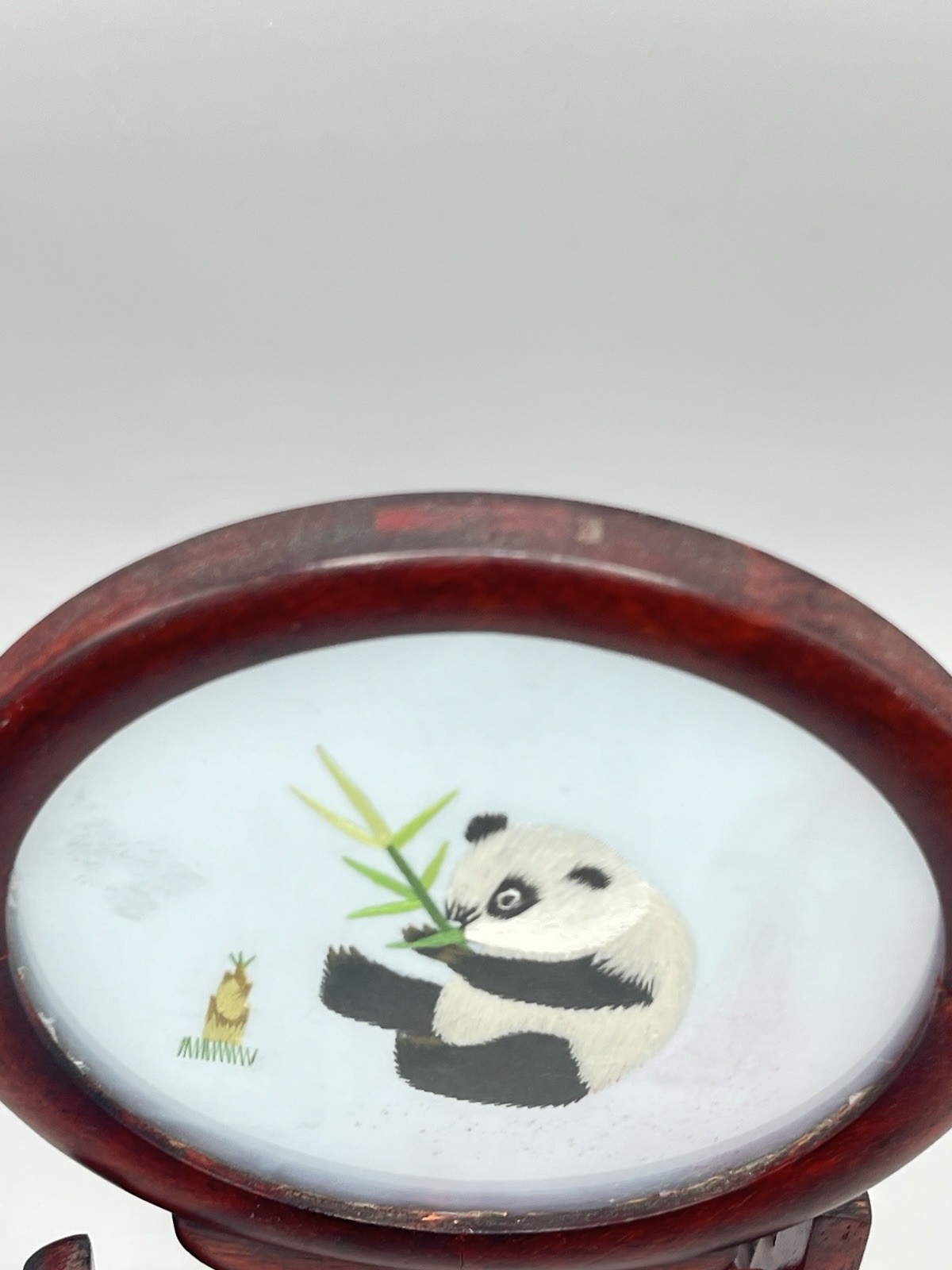 ASIAN Chinese Panda Double Sided Silk Embroidery Wooden Screen – Read