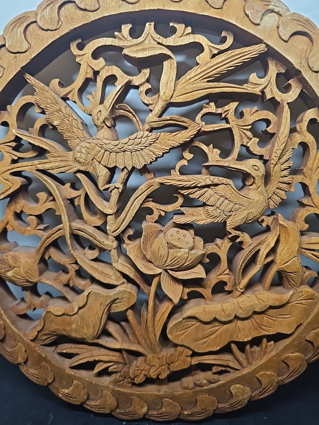 Chinese solid Wood Hand Carved Openwork Crane Magpie Birds Flower Floral Plaque