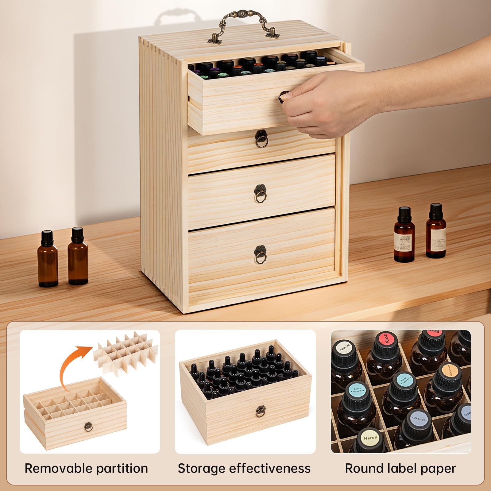 TORIBIO Wooden Essential Oil Box Organizer – 96 Slots for 5-30ml Bottles