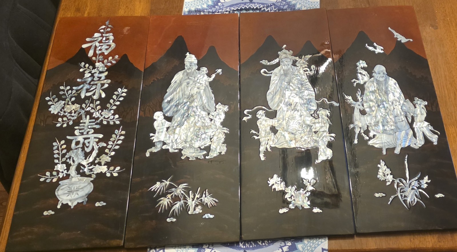 Chinese 4-Panel Black/Brown Lacquer Screen, Mother-of-Pearl Inlay Figures