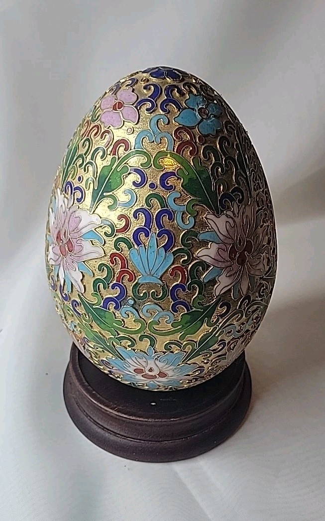Vintage Cloisonne Egg Wooden Stand Gold Tone Blue Pink White Floral Design 6.5 “