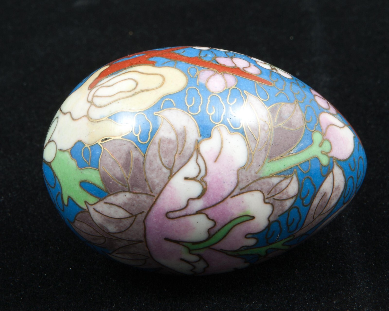 VTG Chinese Floral on Blue Cloisonne Enamel Metal Egg 2-1/2″ Tall w/Stand