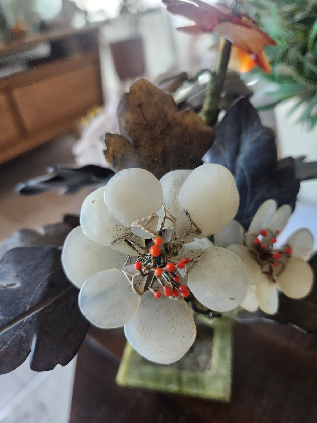 Vintage Chinese Jade And Multi Color Semi Precious Stone Flower Bonsai Tree