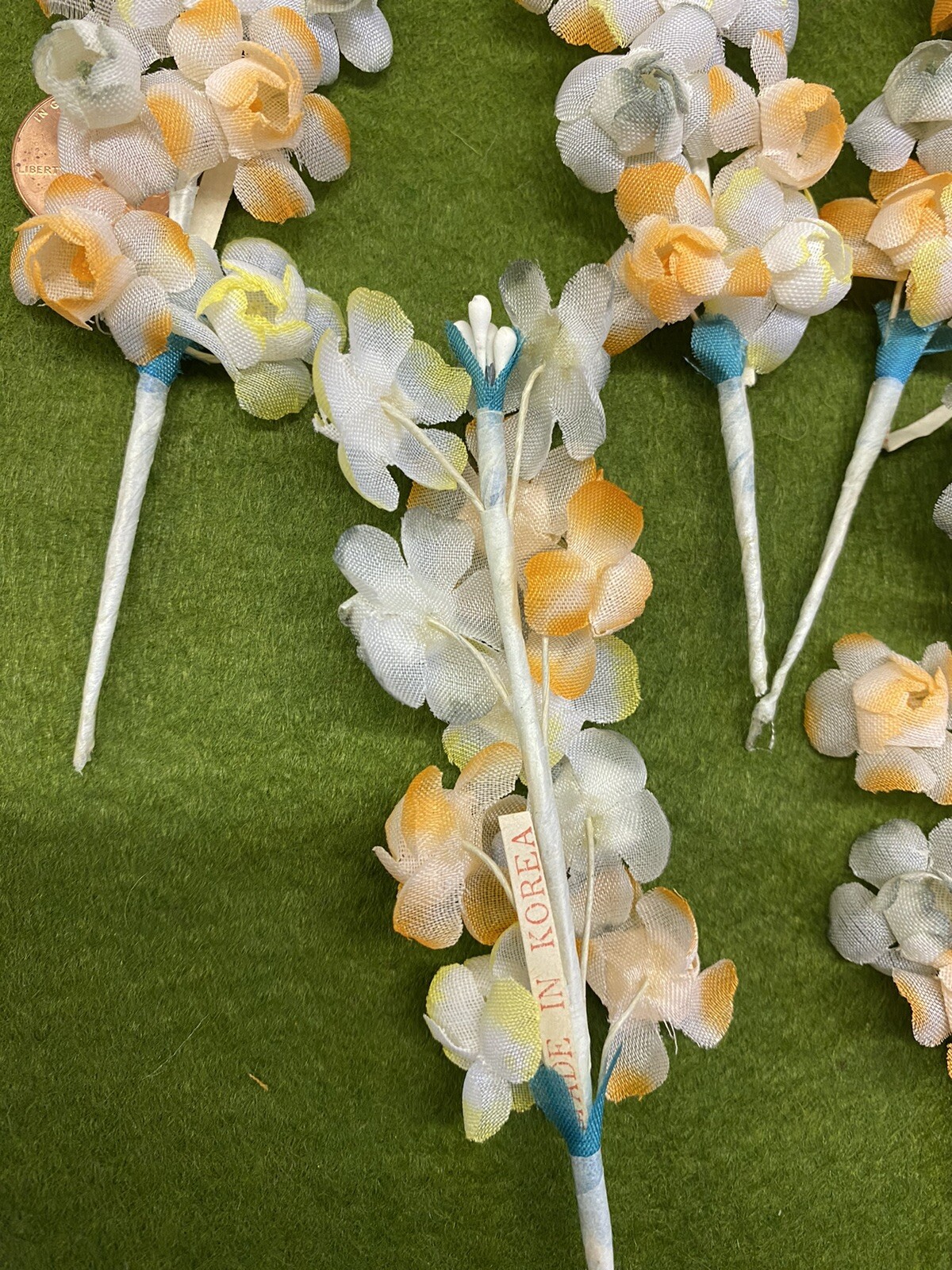 Small Millinery White Variegated Yellow, Orange, Sage Stems of Flowers – Vintage