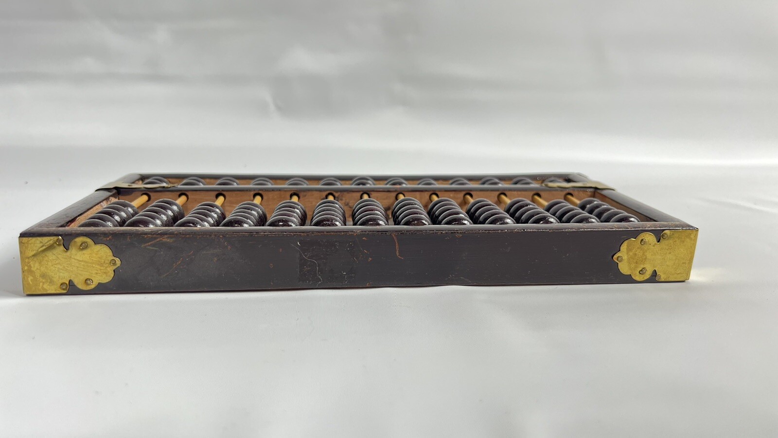 Vintage Chinese Abacus Reddish Wood 13 Rows 91 Beads Lotus Flower Brand 14.5”