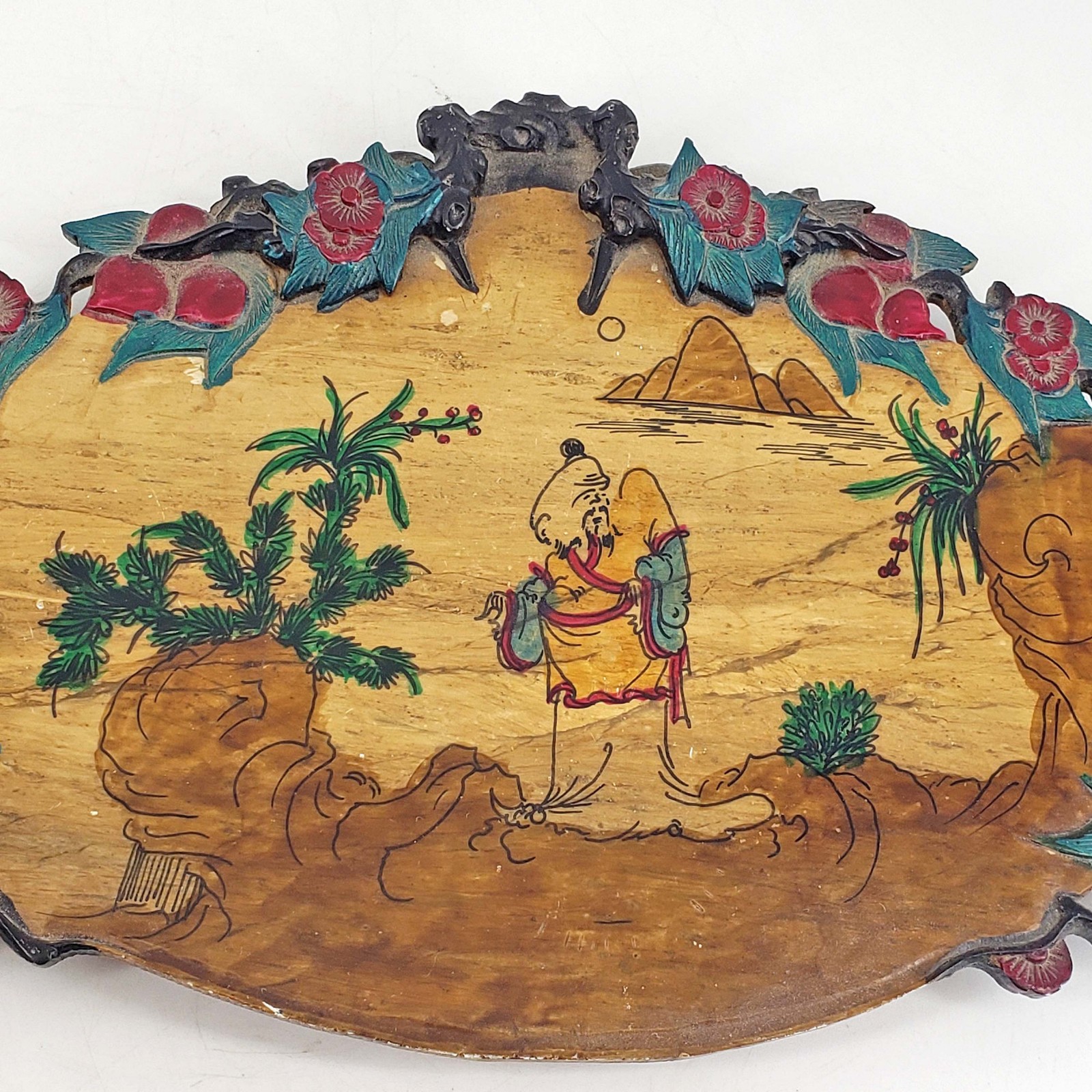 Antique Chinese Hand Painted Scene Decorated Stone Tea Tray Trivet w feet Rare