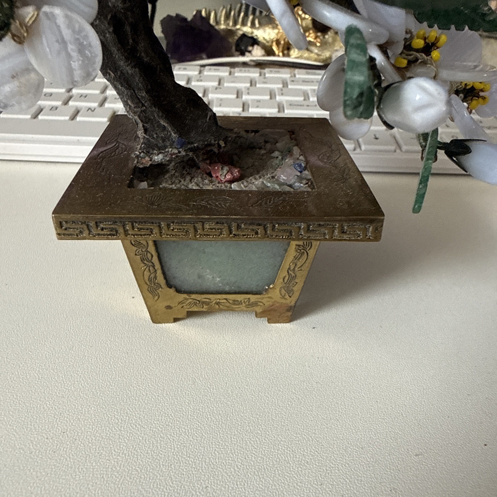 Blue Lace Agate 1950’s Vintage Stone Flower Tree With Brass Pot