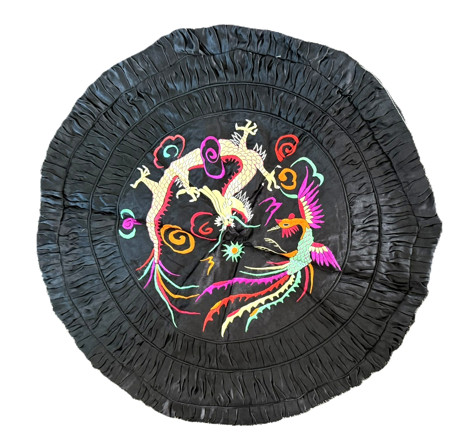 1980s Vintage Chinese Silk Pillow Black with Embroidered Phoenix and Dragon 21″