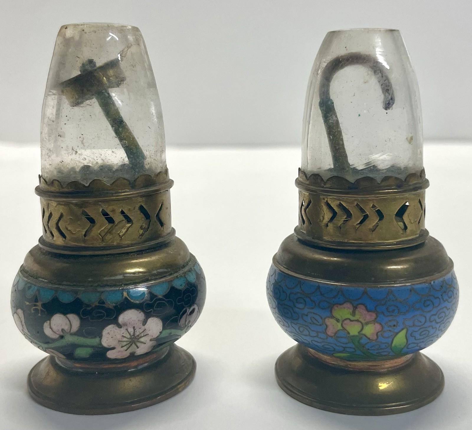 Vintage Cloisonne Enamel Mini Oil Lamp Pair Hong Kong Brass Glass Chimneys