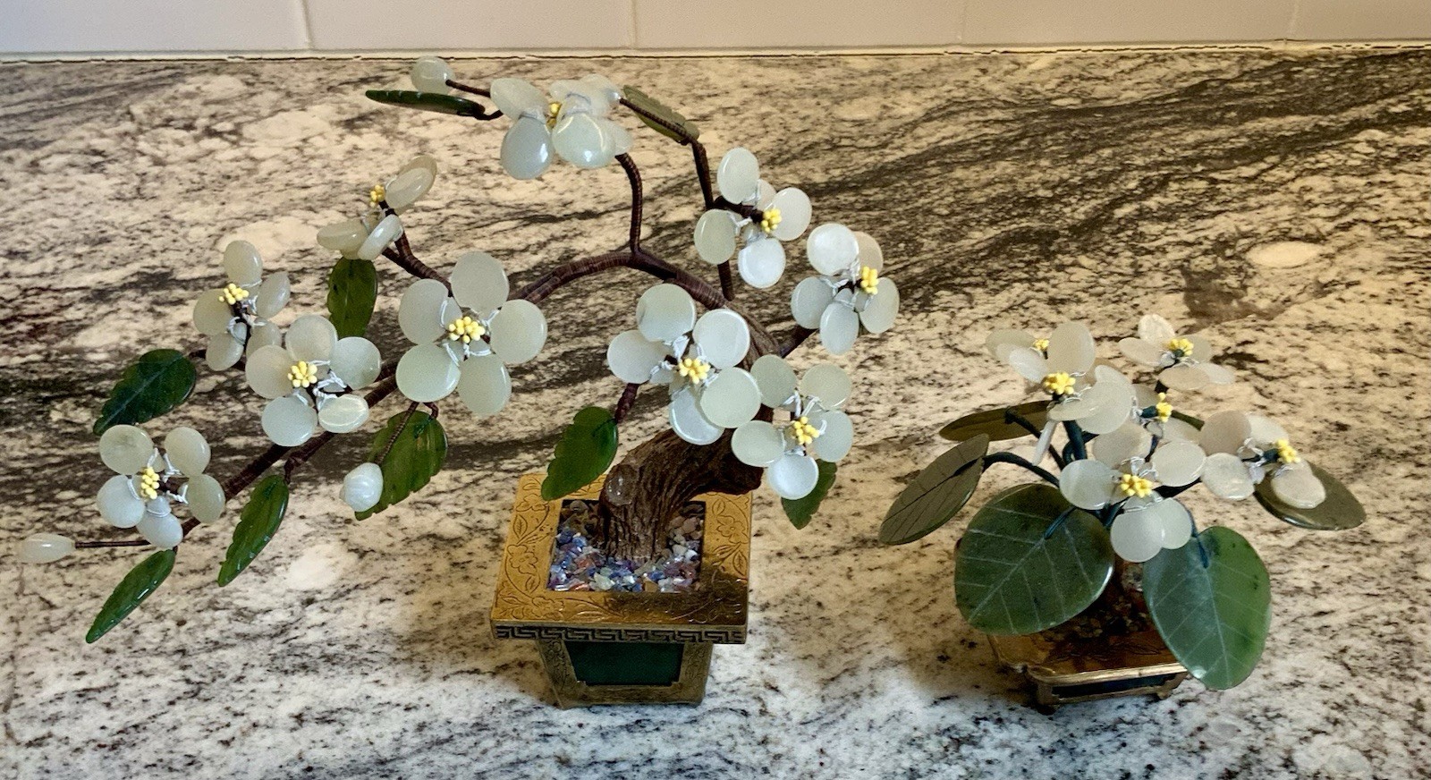 TWO Small Vintage Carved Jade Bonsai Trees Hong Kong