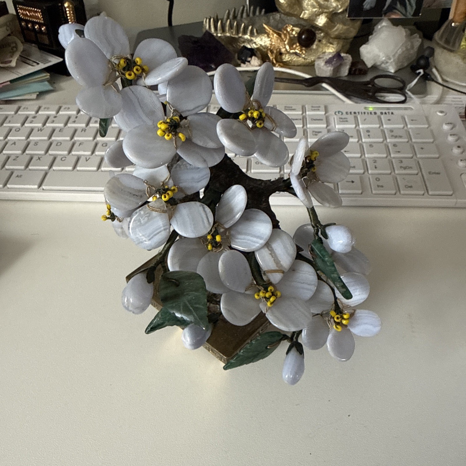 Blue Lace Agate 1950’s Vintage Stone Flower Tree With Brass Pot