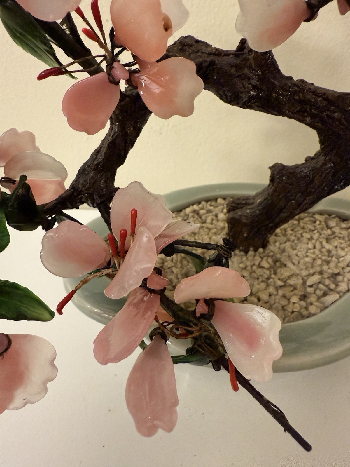 Vtg Asian Jade Glass Flowering Pink Cherry Blossom Bonsai Tree Ceramic Pot 8×9”