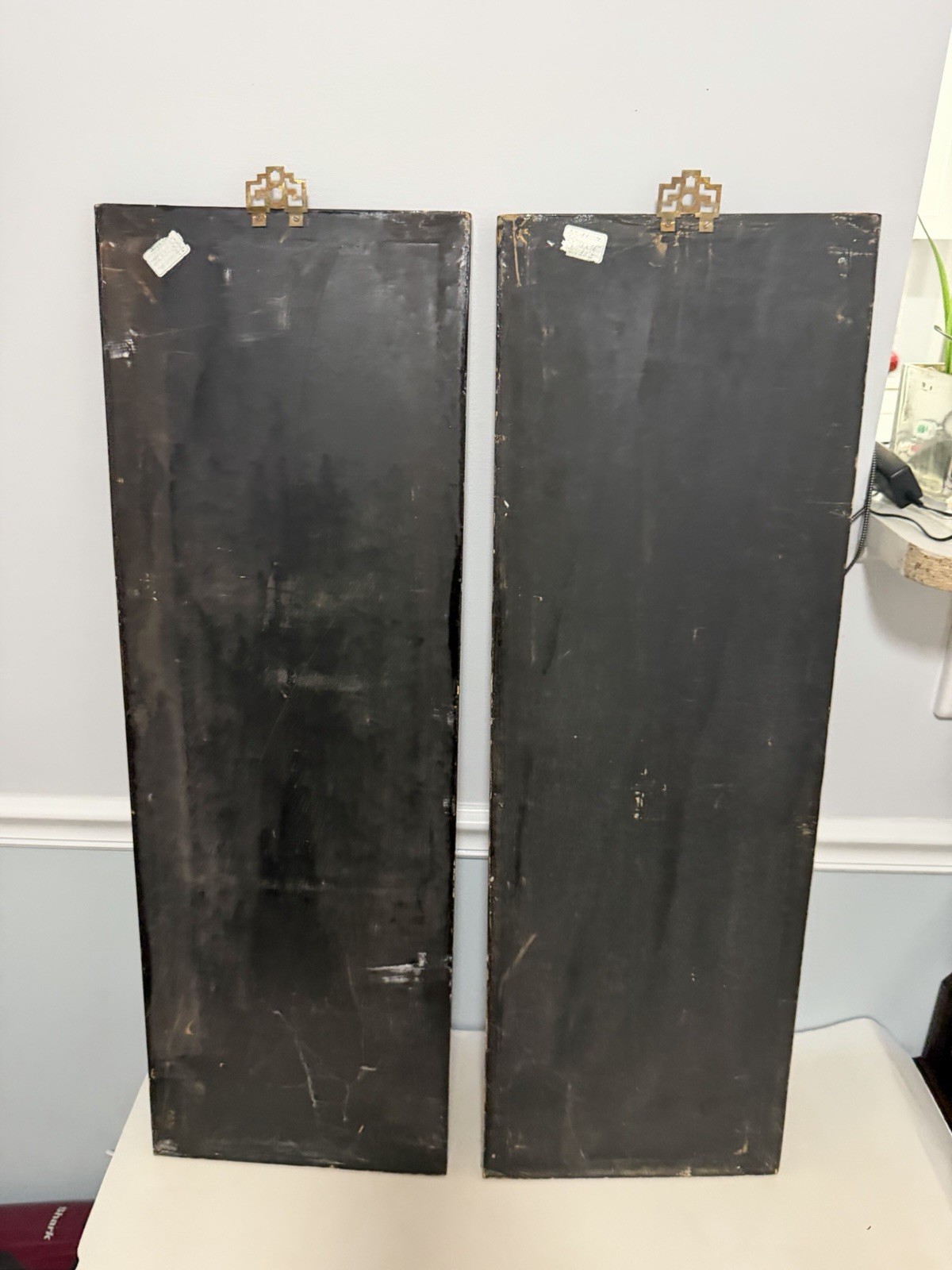 Pair Chinese Lacquer Mother of Pearl Wall Panels 12×36 Asian Art Decor