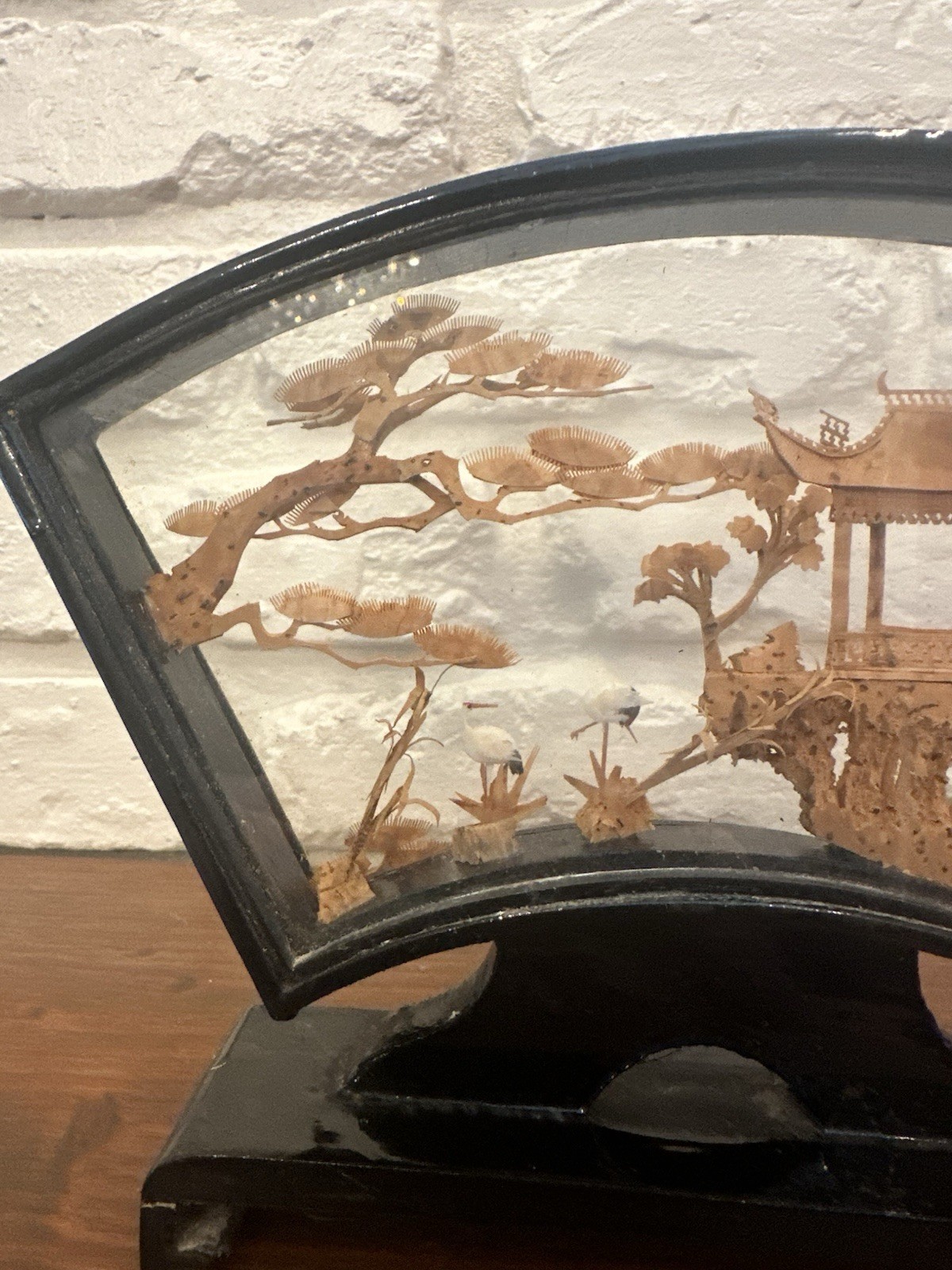 VINTAGE CHINESE SAN YOU DIORAMA CORK CARVING GLASS CASE PAGODA TREES & CRANES.