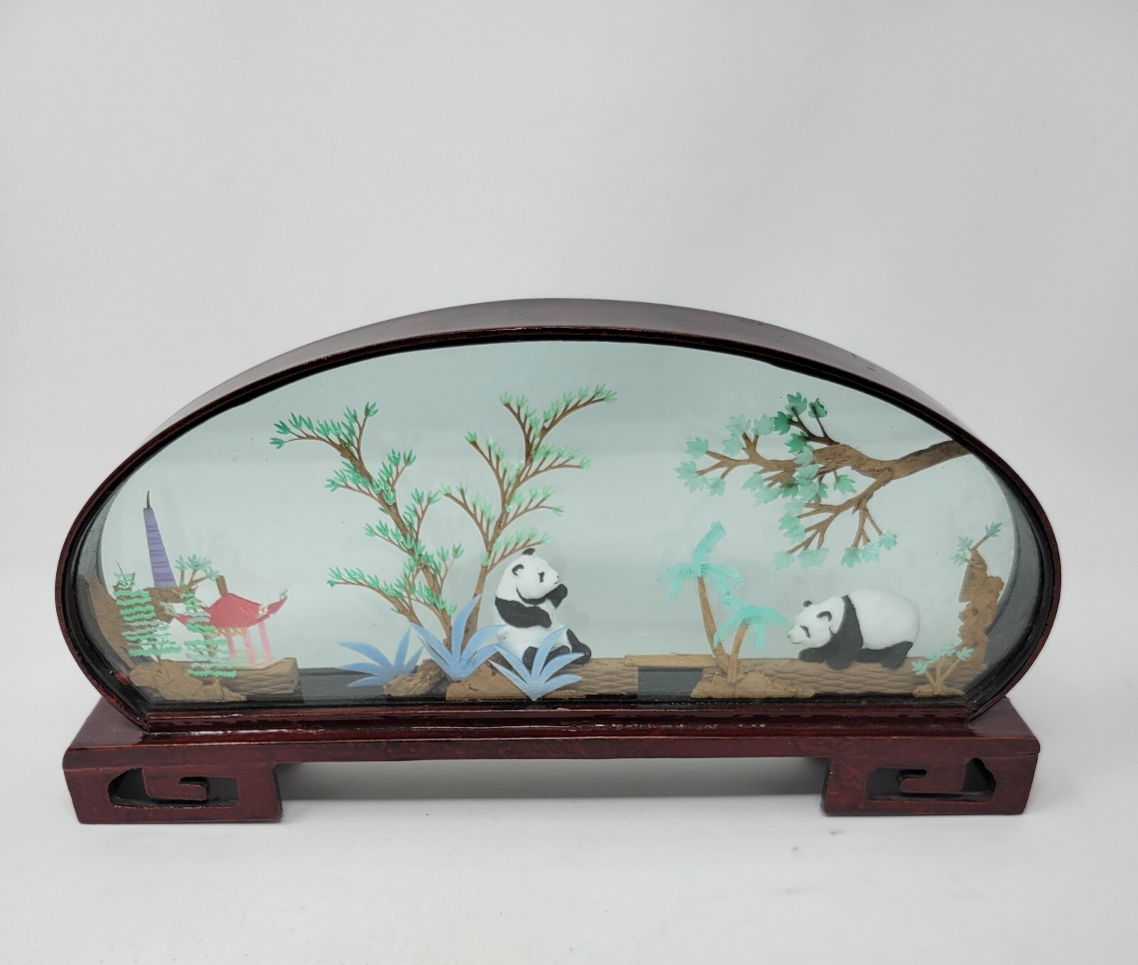 Vintage Chinese SAN YOU Diorama Art Pagoda With Trees & Pandas 1980s 14″ By 7″
