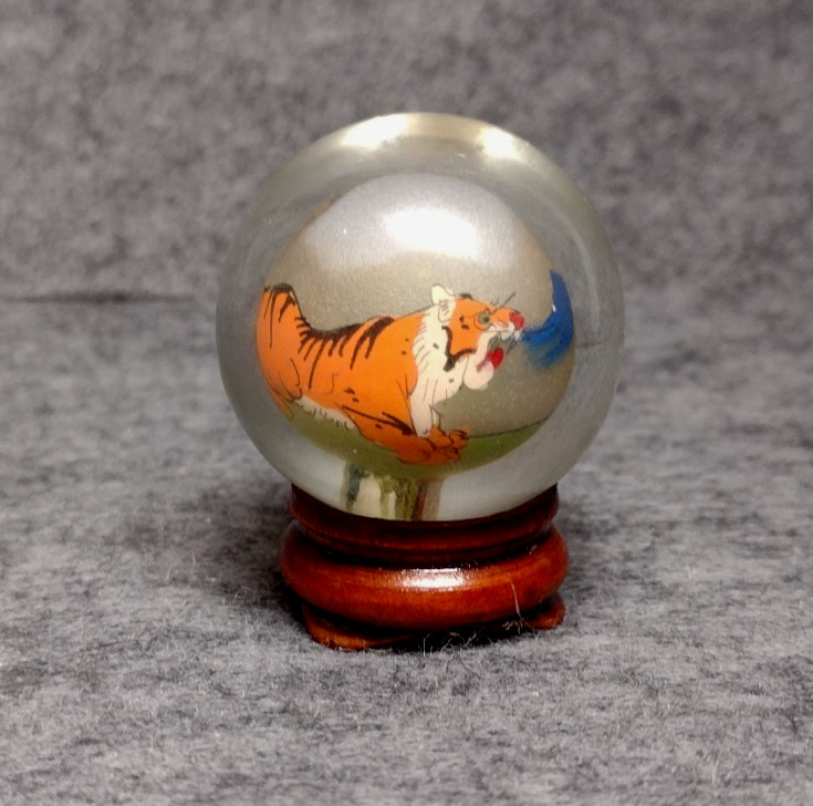 VTG Chinese Art Reverse Paint Bengal Tiger 2″ Glass Sphere Paperweight & Stand