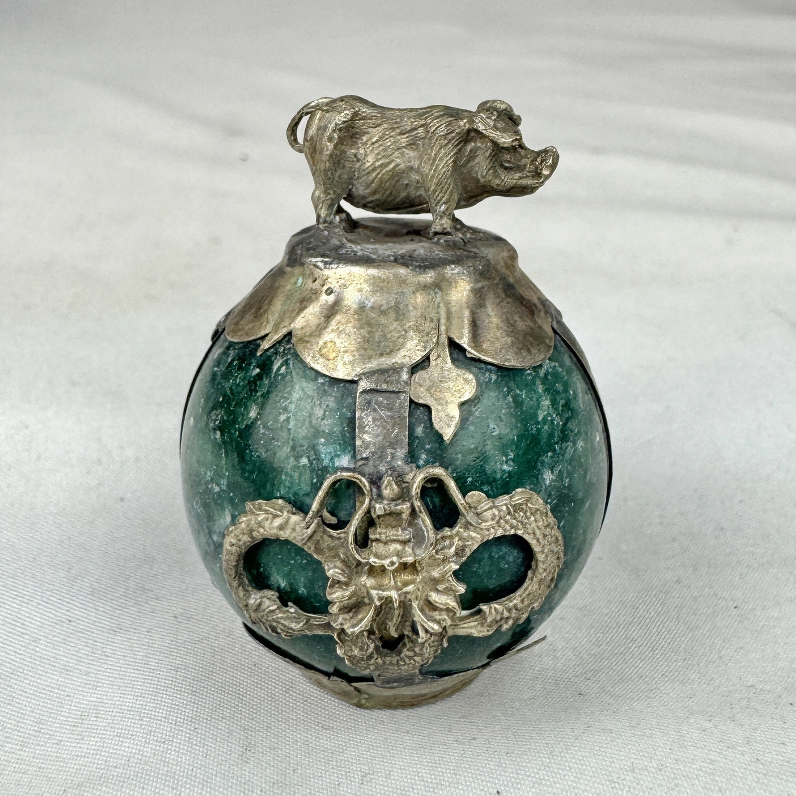Vintage Chinese Zodiac PIG Green Marble Orb, Pewter/Tin Finial, Dragon Motif