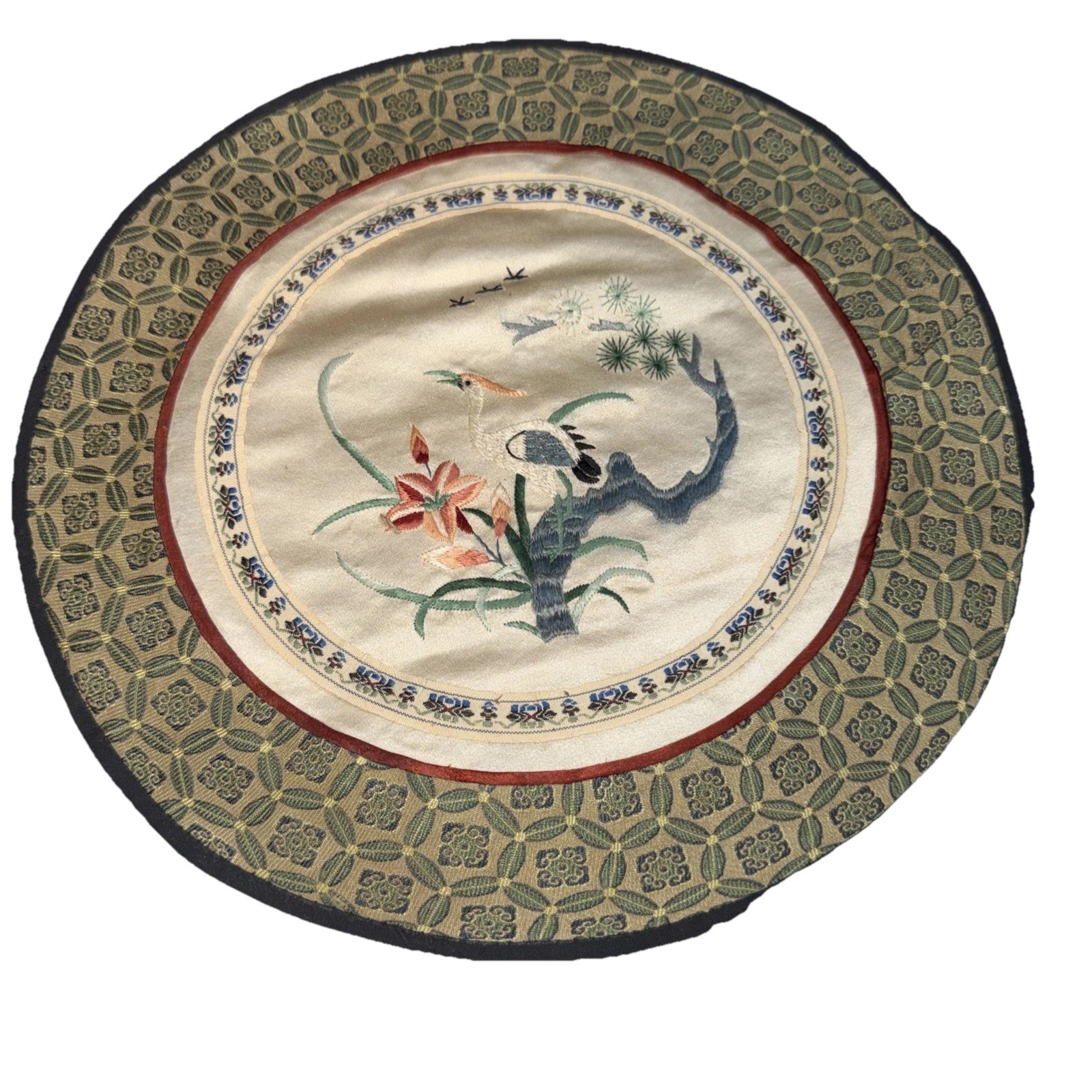Chinese Hand Embroidered 100% Silk Round Tapestry Mat Birds