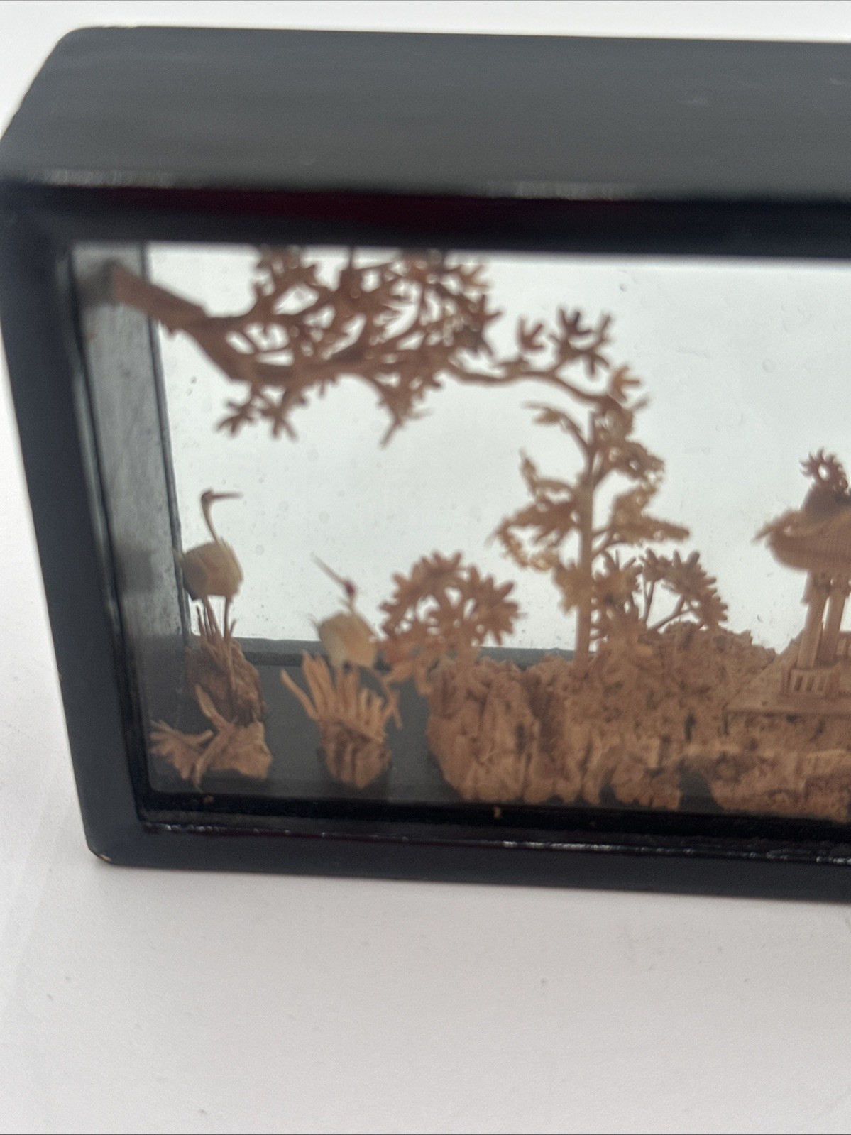 Vintage Chinese Cork Art Shadow Box Pagoda Cranes Scenic Diorama Framed C Detail