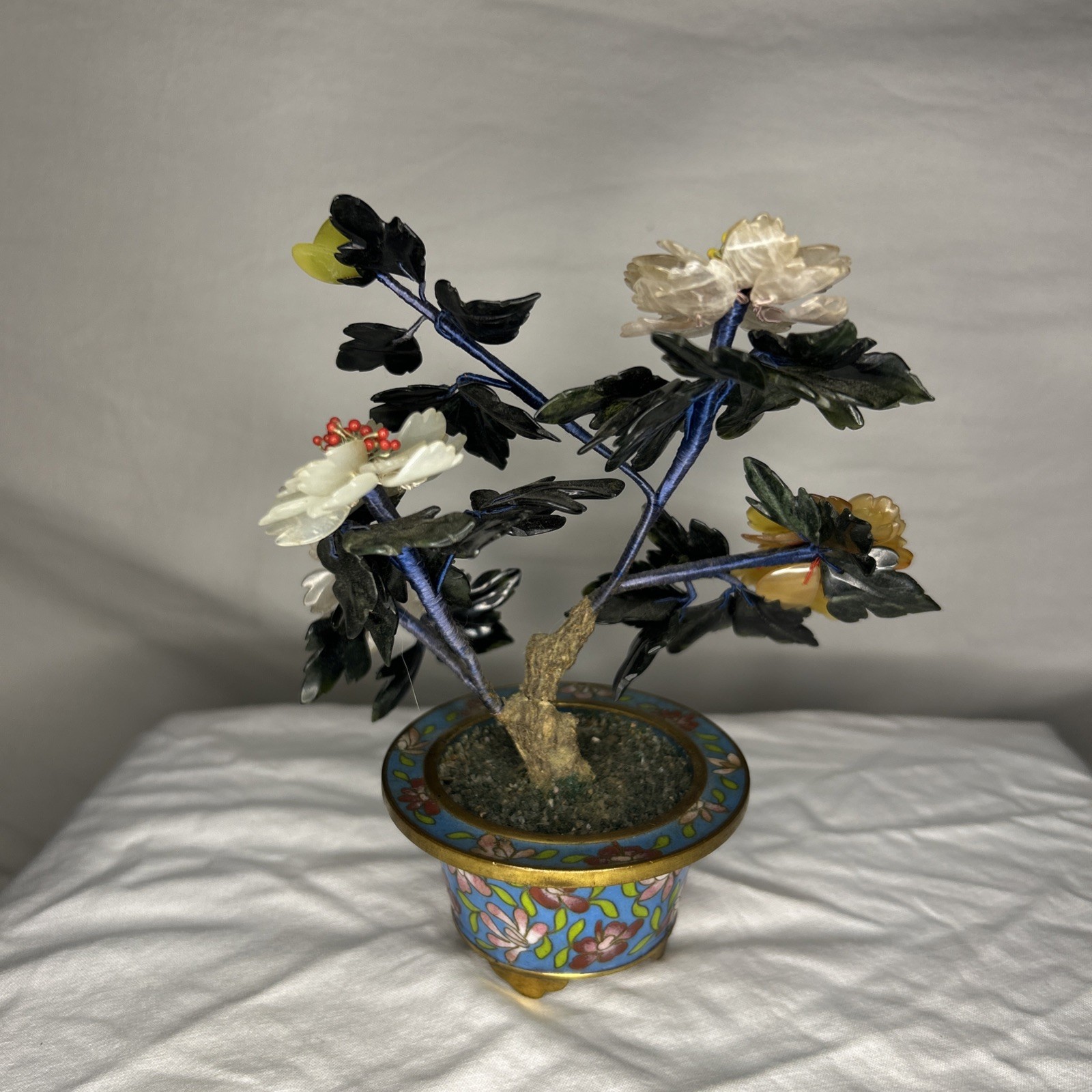 Vintage Chinese Jade Bonsai Tree Sculpture in Cloisonné Enamel Pot Iris Apfel