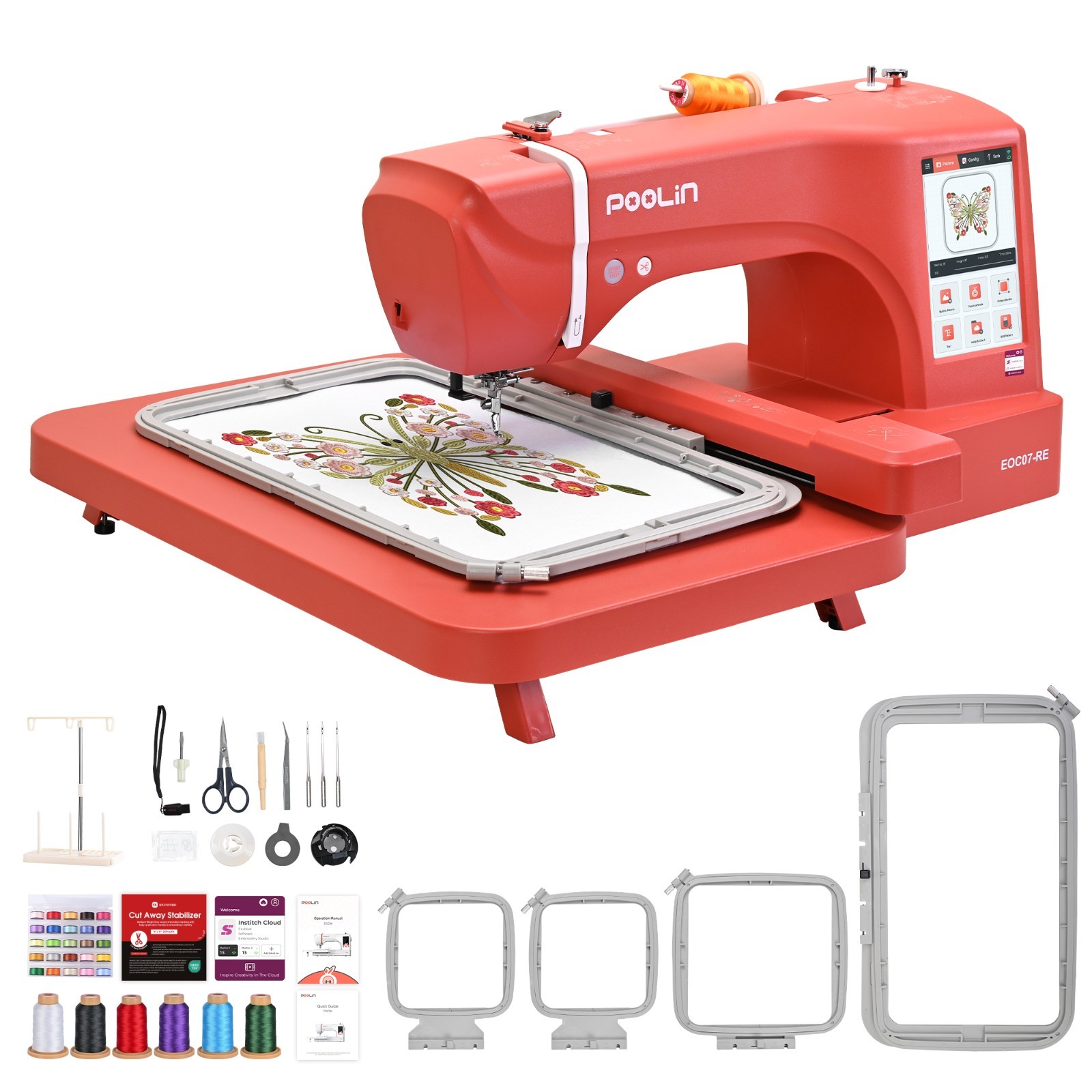 POOLIN EOC07-RE RED Computerized Embroidery Machine Large area LCD Touch Screen.