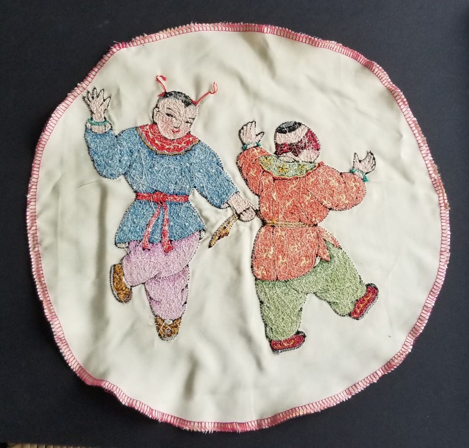 2 Of Chinese Brocade Embroidery Artwork:auspicious kids On Silk 11″ Dia.