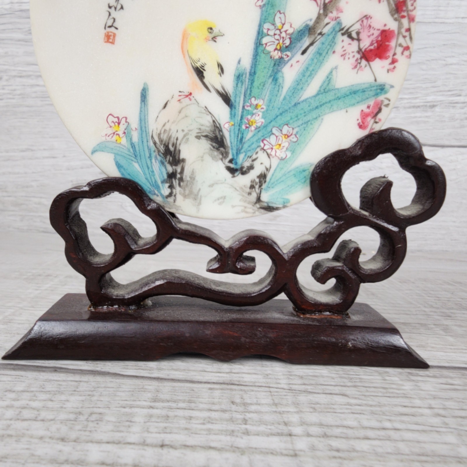Chinese Hand Painted Porcelain Plaque Table Screen Bird Blossom W/ Wood Stand
